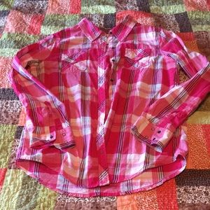 Arizona Jean company pink plaid shirt with snaps